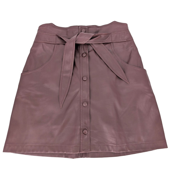 Bishop & Young Burgundy Vegan Leather Mini Skirt Small Button Up Tie Waist Retro - Picture 3 of 11